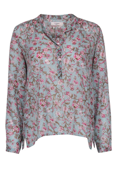 Current Boutique-Isabel Marant Etoile - Blue Long Sleeve Blouse w/ Pink Floral Print Sz S