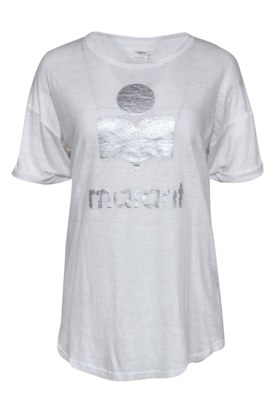 Current Boutique-Isabel Marant Etoile - White Linen Tee w/ Silver Logo Graphic Sz L