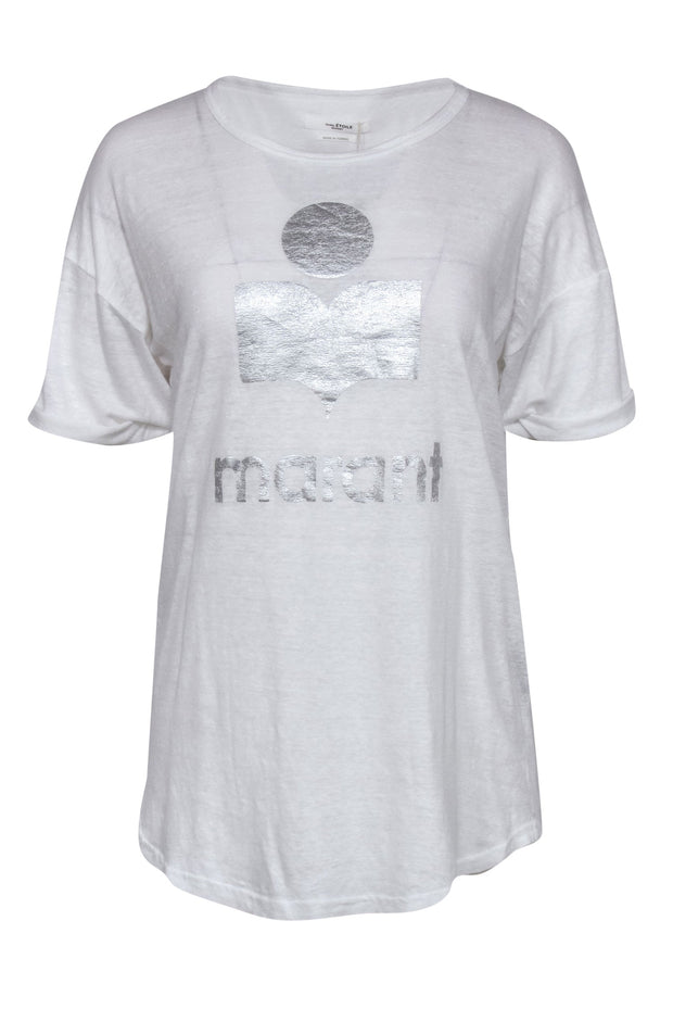 Current Boutique-Isabel Marant Etoile - White Linen Tee w/ Silver Logo Graphic Sz L