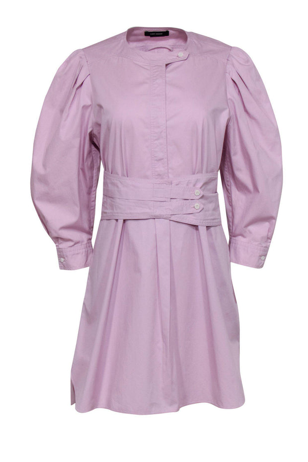 Current Boutique-Isabel Marant - Pink Puff Sleeve Half Button-Up Belted Shirt Dress Sz M