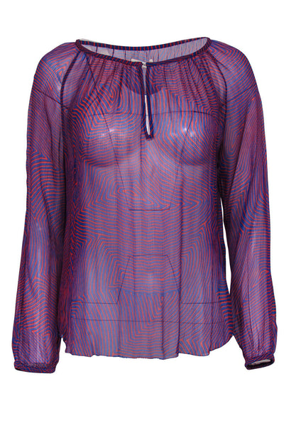 Current Boutique-Isabel Marant - Red & Blue Sheer Silk "Dao" Blouse Sz 6