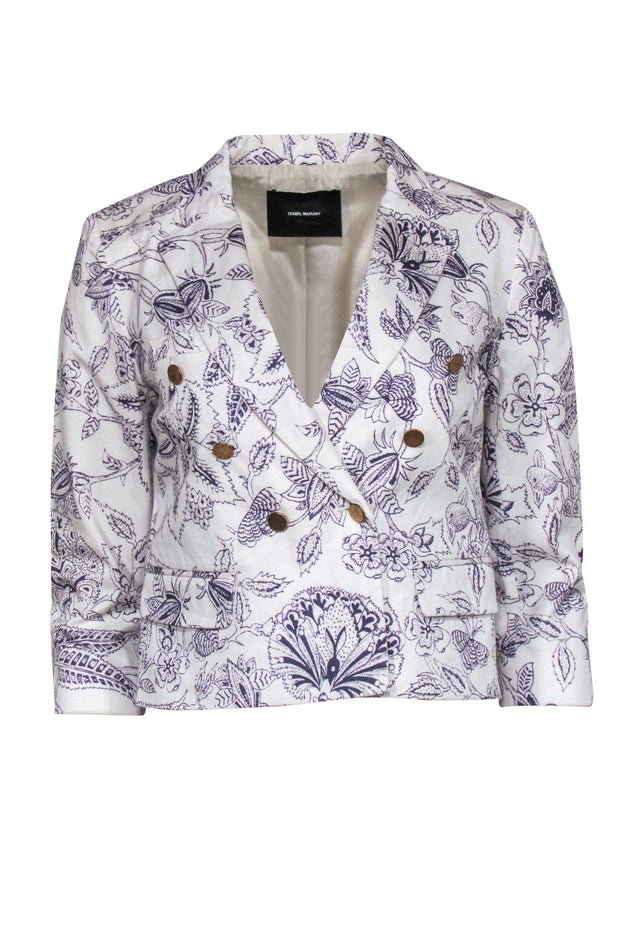 Current Boutique-Isabel Marant - White & Purple Floral Printed Cropped Blazer Sz 8