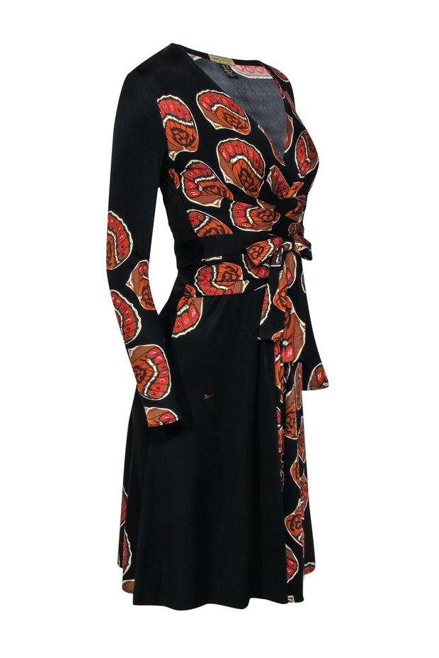 Current Boutique-Issa London - Black & Sienna Monarch Print Silk Knee Length 'Kate' Wrap Dress Sz 6