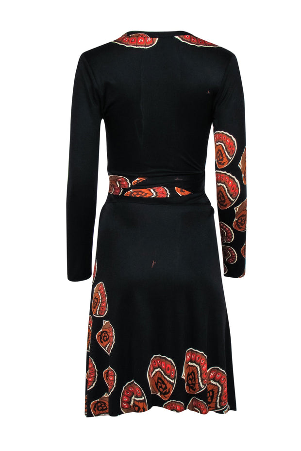 Current Boutique-Issa London - Black & Sienna Monarch Print Silk Knee Length 'Kate' Wrap Dress Sz 6