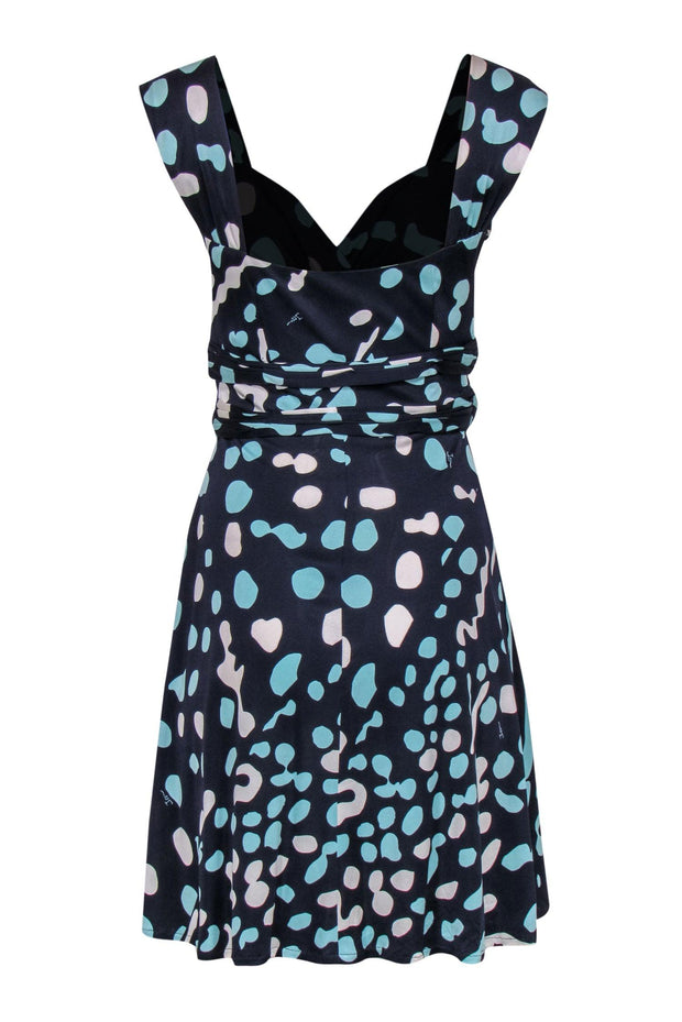 Current Boutique-Issa London - Navy, Mint & White Patterned Dress w/ Ruched Waist Sz 6