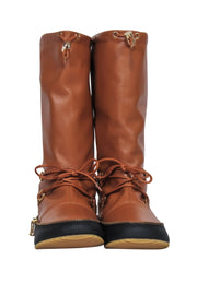 Current Boutique-JW Anderson - Brown & Black Leather Calf High Snow-Style Boots w/ Tie & Zipper Trim Sz 8