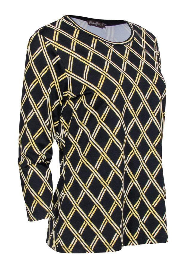 Current Boutique-J. McLaughlin - Black & Gold Lattice Print Three-Quarter Sleeve Top Sz L