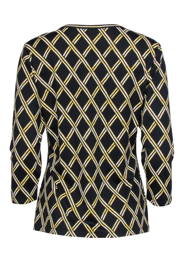 Current Boutique-J. McLaughlin - Black & Gold Lattice Print Three-Quarter Sleeve Top Sz L