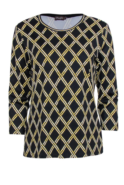 Current Boutique-J. McLaughlin - Black & Gold Lattice Print Three-Quarter Sleeve Top Sz L