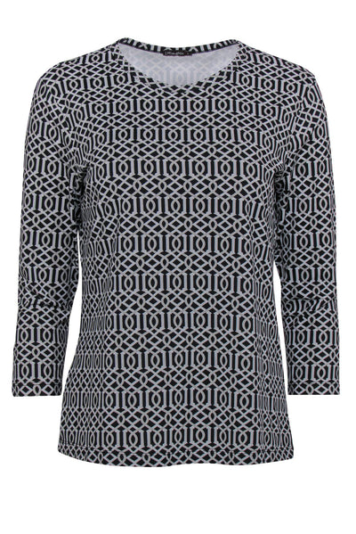 Current Boutique-J. McLaughlin - Black, White & Gray Geometric Printed Three-Quarter Sleeve Top Sz L