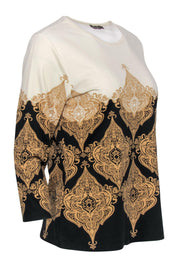 Current Boutique-J. McLaughlin - Cream, Tan & Black Brocade Print Quarter Sleeve Top Sz L