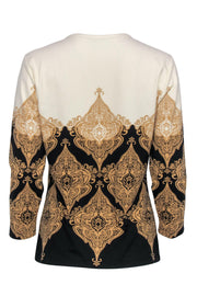 Current Boutique-J. McLaughlin - Cream, Tan & Black Brocade Print Quarter Sleeve Top Sz L