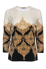 Current Boutique-J. McLaughlin - Cream, Tan & Black Brocade Print Quarter Sleeve Top Sz L