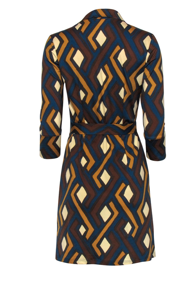 Current Boutique-J. McLaughlin - Dark Blue, Brown & Tan Printed Button-Up Belted Shirt Dress Sz XS