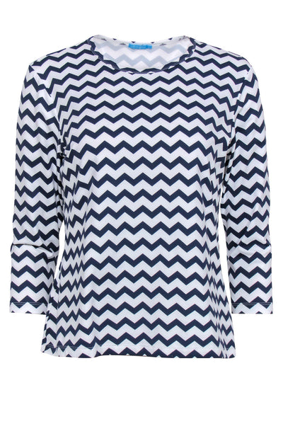 Current Boutique-J. McLaughlin - Navy & White Chevron Three-Quarter Sleeve Top Sz L