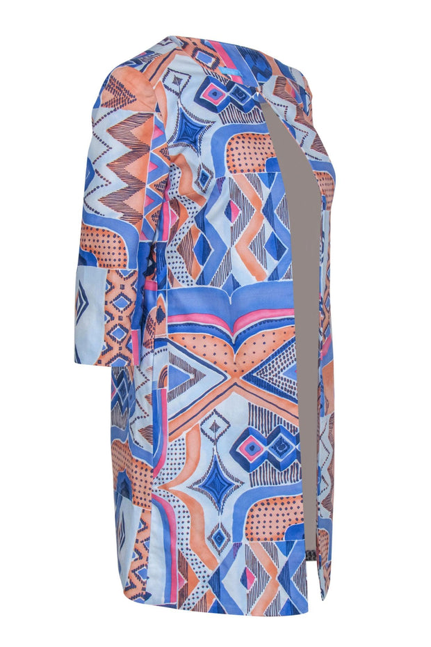 Current Boutique-J. McLaughlin - Periwinkle, Peach & Pink Geometric Abstract Print Longline Jacket Sz XS