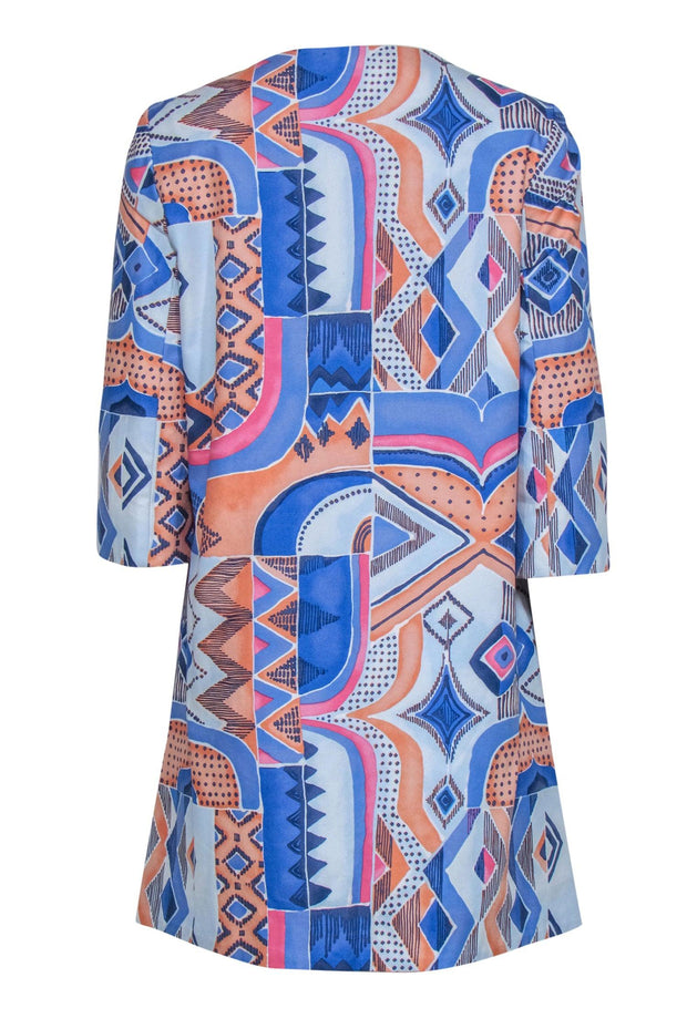 Current Boutique-J. McLaughlin - Periwinkle, Peach & Pink Geometric Abstract Print Longline Jacket Sz XS