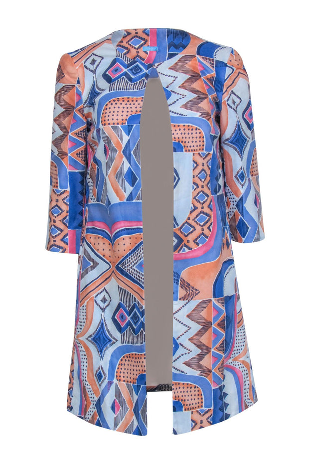 Current Boutique-J. McLaughlin - Periwinkle, Peach & Pink Geometric Abstract Print Longline Jacket Sz XS