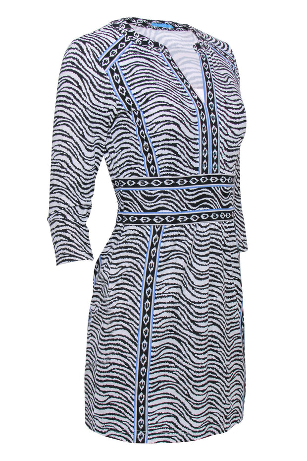 Current Boutique-J. McLaughlin - White, Black & Blue Zebra Print Sheath Dress w/ Printed Trim Sz XS