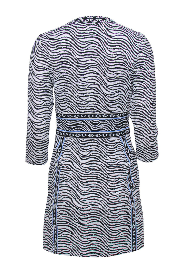 Current Boutique-J. McLaughlin - White, Black & Blue Zebra Print Sheath Dress w/ Printed Trim Sz XS