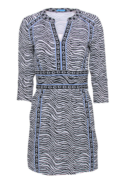 Current Boutique-J. McLaughlin - White, Black & Blue Zebra Print Sheath Dress w/ Printed Trim Sz XS