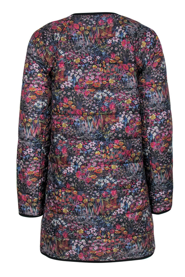 Current Boutique-J.Crew - Black & Multicolored Floral Print Double Breasted Longline Quilted Jacket Sz XS