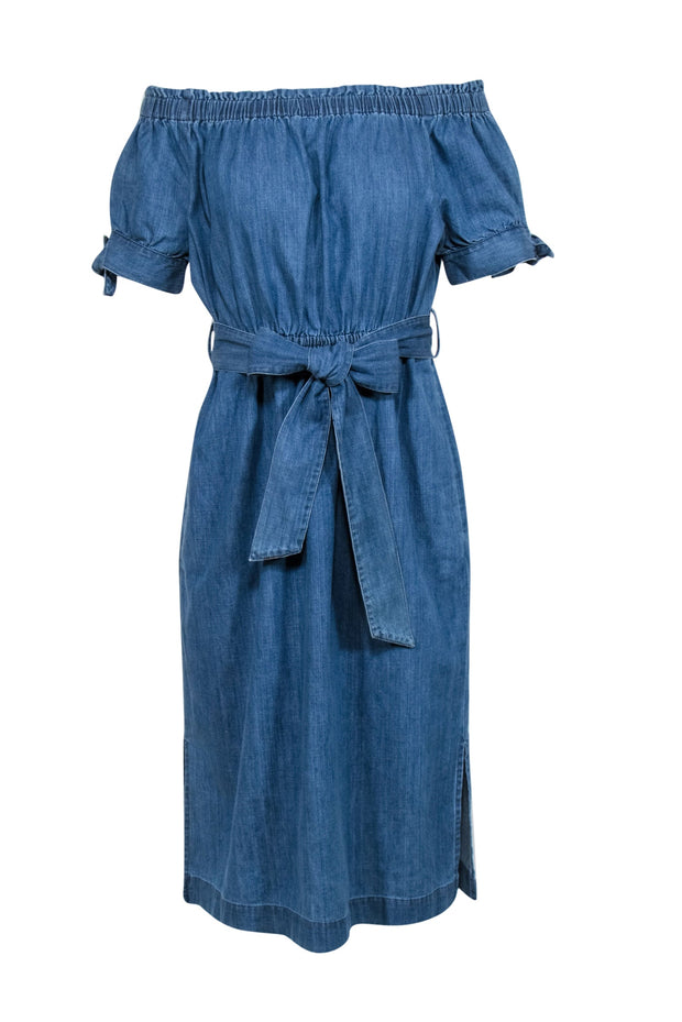 Current Boutique-J.Crew - Chambray Off-the-Shoulder Midi Dress w/ Tie Waist & Short Sleeves Sz 10