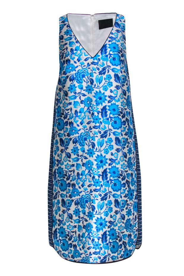 Current Boutique-J.Crew Collection - Aqua & Cobalt Floral Motif Silk & Cotton Shift Dress Sz 6