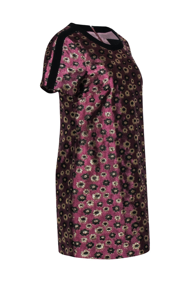 Current Boutique-J.Crew Collection - Burgundy, Gold, & Black Floral Brocade Shift Dress w/ Black Trim Sz 8