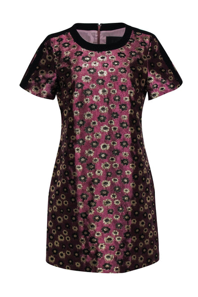 Current Boutique-J.Crew Collection - Burgundy, Gold, & Black Floral Brocade Shift Dress w/ Black Trim Sz 8