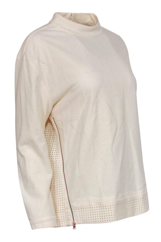 Current Boutique-J.Crew Collection - Cream Perforated Mock Neck Virgin Wool Top Sz S