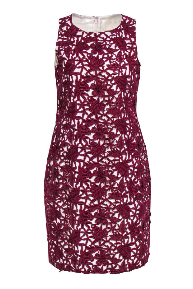 Current Boutique-J.Crew Collection - Ivory & Burgundy Floral Embroidered Overlay Sheath Dress Sz 6