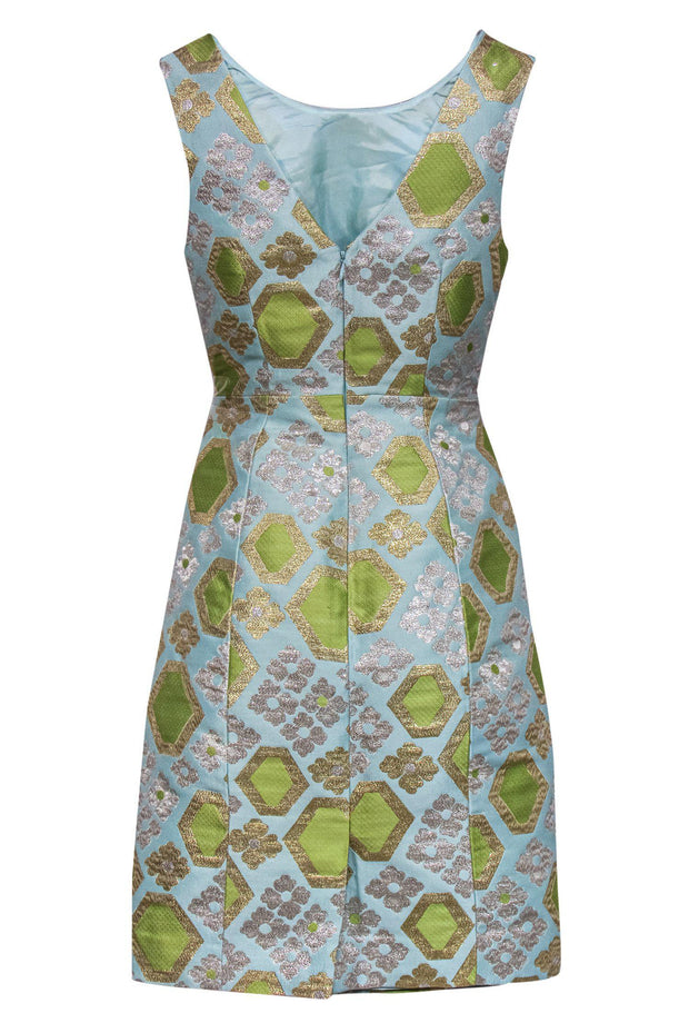 Current Boutique-J.Crew Collection - Light Blue, Green, & Metallic Print Sheath Dress Sz 000