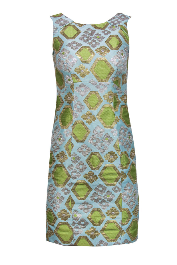 Current Boutique-J.Crew Collection - Light Blue, Green, & Metallic Print Sheath Dress Sz 000