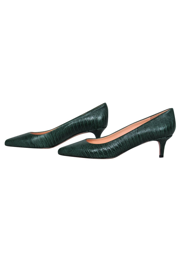 Current Boutique-J.Crew - Emerald Green Crocodile Embossed Pointed Toe Kitten Heels Sz 9