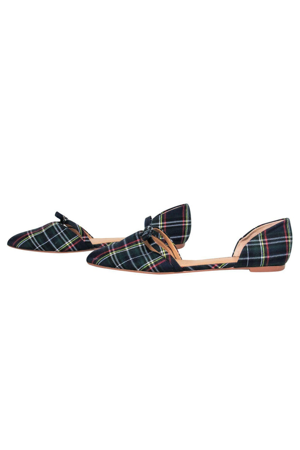 Current Boutique-J.Crew - Navy & Green Plaid Pointed Toe D'Orsay Flats w/ Bow Sz 8.5