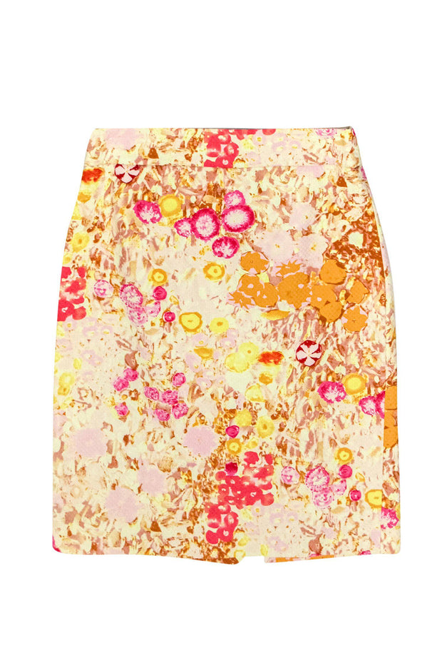 Current Boutique-J.Crew - Pink & Yellow Abstract Floral Print Textured Pencil Skirt Sz 0