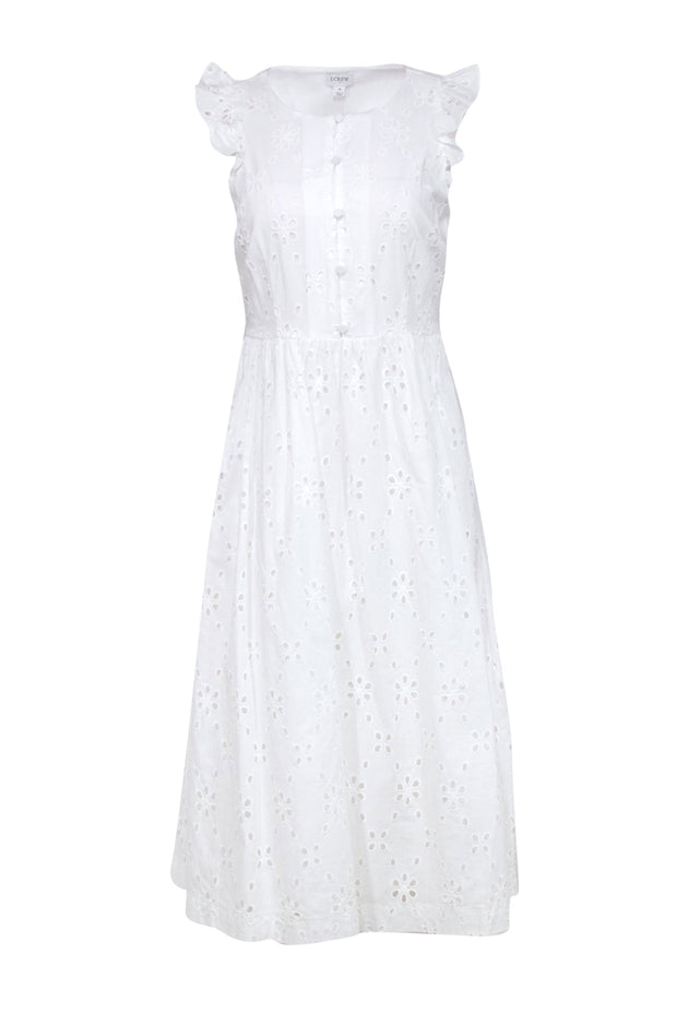 Current Boutique-J.Crew - White Floral Eyelet Ruffled Midi Dress Sz 4