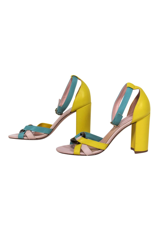 Current Boutique-J.Crew - Yellow & Green Leather Block Heels w/ Tortoise Shell Buckle Sz 7