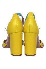 Current Boutique-J.Crew - Yellow & Green Leather Block Heels w/ Tortoise Shell Buckle Sz 7