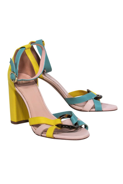 Current Boutique-J.Crew - Yellow & Green Leather Block Heels w/ Tortoise Shell Buckle Sz 7