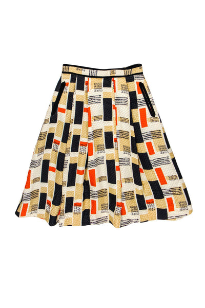 Current Boutique-Jason Wu - Beige, Navy & Orange Print Textured Pleated A-Line Skirt Sz 2