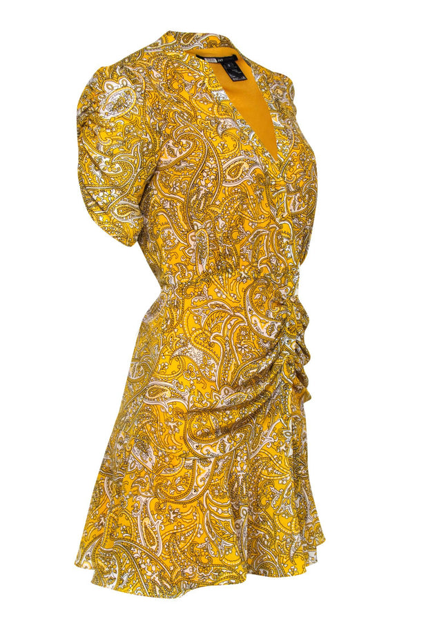 Current Boutique-Jay Godfrey - Yellow & White Paisley Print Button-Up Puff Sleeve Ruched Dress Sz 2