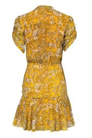 Current Boutique-Jay Godfrey - Yellow & White Paisley Print Button-Up Puff Sleeve Ruched Dress Sz 2