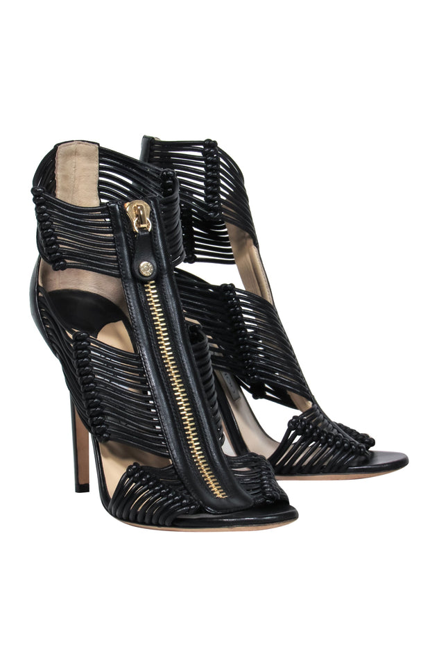 Current Boutique-Jimmy Choo - Black Leather Strappy Zip-Up Open Toe Heels Sz 8.5