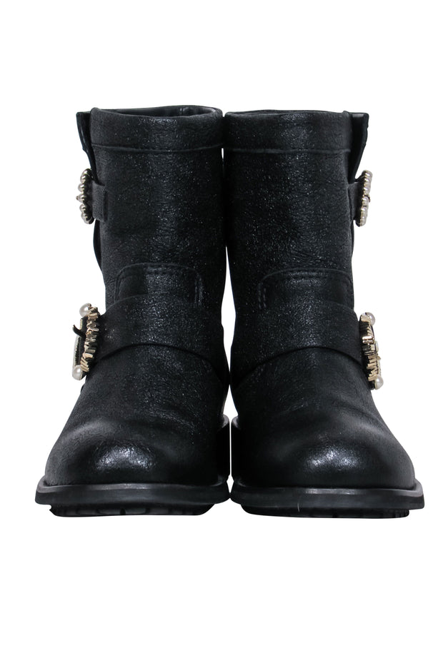 Current Boutique-Jimmy Choo - Black Sparkle Textured Leather Ankle Lugsole Boot w/ Pearl Buckles Sz 6.5