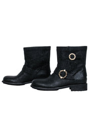 Current Boutique-Jimmy Choo - Black Sparkle Textured Leather Ankle Lugsole Boot w/ Pearl Buckles Sz 6.5