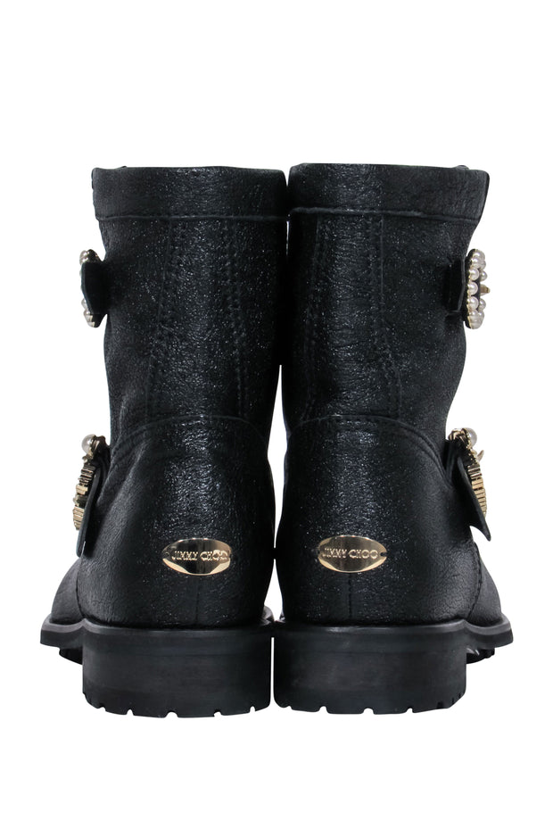 Current Boutique-Jimmy Choo - Black Sparkle Textured Leather Ankle Lugsole Boot w/ Pearl Buckles Sz 6.5