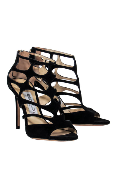 Current Boutique-Jimmy Choo - Black Suede Cutout Stiletto Sandals Sz 6