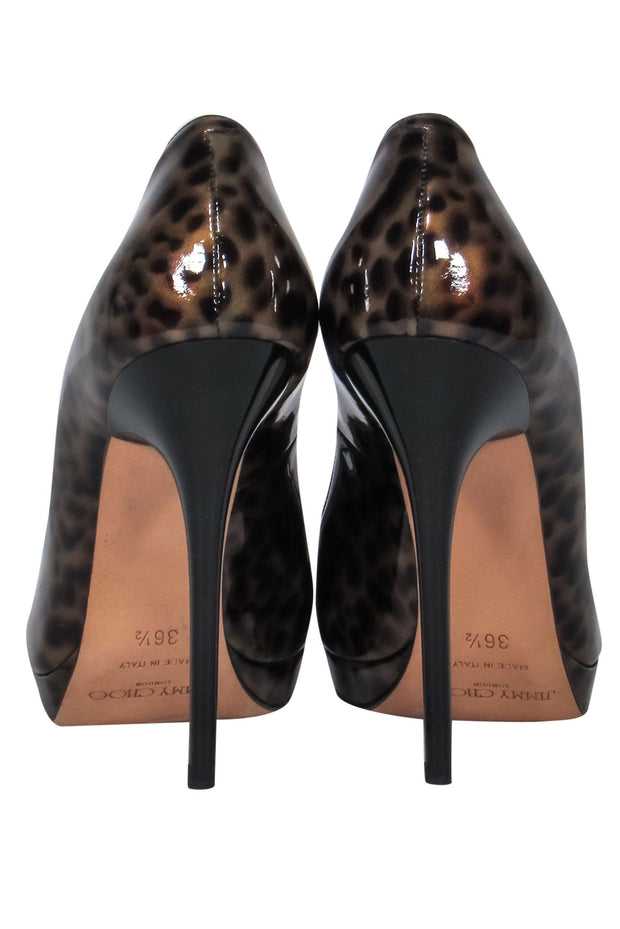 Current Boutique-Jimmy Choo - Brown Cheetah Print Patent Leather Peep Toe Stilettos Sz 6.5